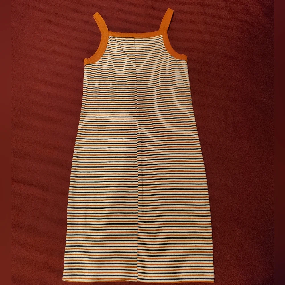 Forever 21 Y2K Square Neck Striped Sleeveless Dress Gold Orange Blue Med Jrs EUC - Picture 2 of 4